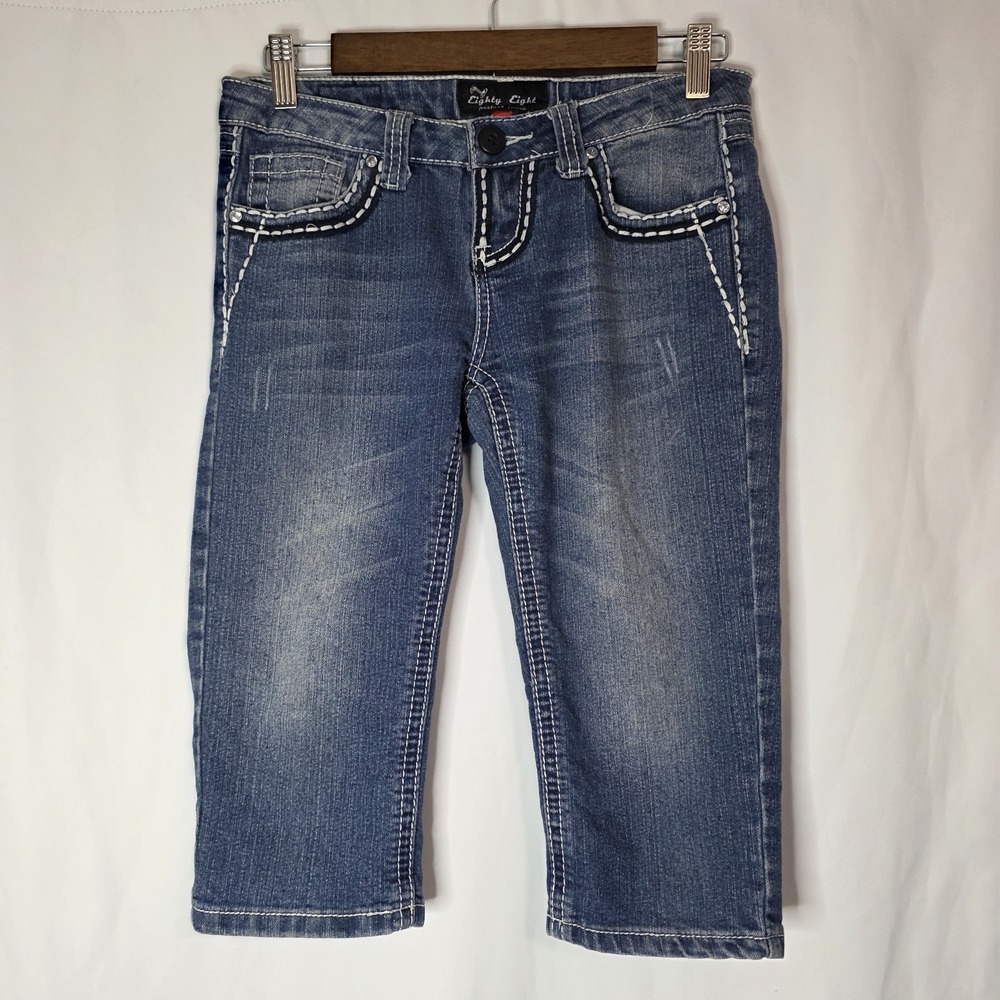 Eighty Eight Capri Jeans‎ Y2K Contrast Stitch Rhinestone McBling Denim Crop Sz 5